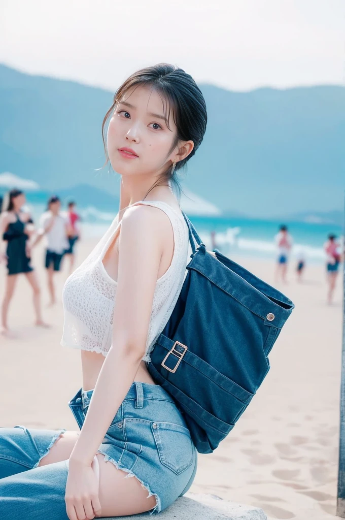 (Best quality, 8k, 32k, Masterpiece, UHD:1.2), 1girl, beautiy Japanese woman, a woman in denim shorts posing on the beach at sunset, Lee Ji Eun, hot with shining sun, hwang se - on, casual pose, lee ji-eun, lee ji - eun, gorgeous young korean woman, korean girl, beautiful young korean woman, korean women's fashion model, sakimichan, IU