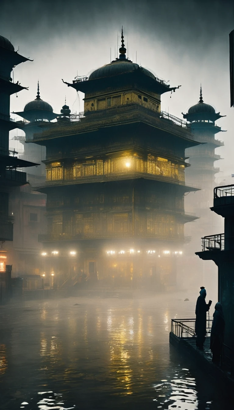 a golden temple Amritsar foggy sky, (neotokyo), dark gurdwara, still from the movie bladerunner, dystopian atmosphere, cyberpunk
, akira movie style, neo brutalism, neotokyo source, brutalist dark fantasy, blade runner concept art, dystopian brutalist atmosphere, cyberpunk horror style, dystopian art, dystopian mood, bladerunner apartment