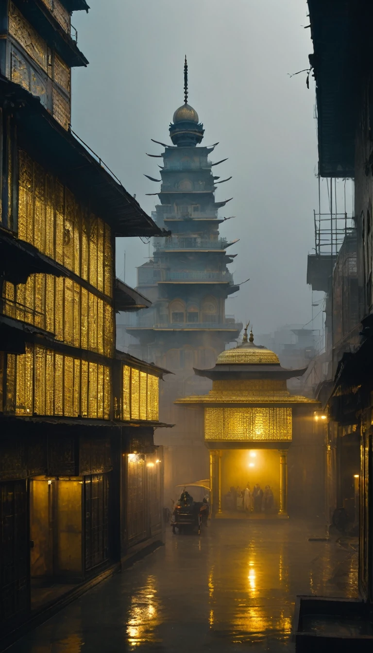 a golden temple Amritsar foggy sky, (neotokyo), dark gurdwara, still from the movie bladerunner, dystopian atmosphere, cyberpunk
, akira movie style, neo brutalism, neotokyo source, brutalist dark fantasy, blade runner concept art, dystopian brutalist atmosphere, cyberpunk horror style, dystopian art, dystopian mood, bladerunner apartment