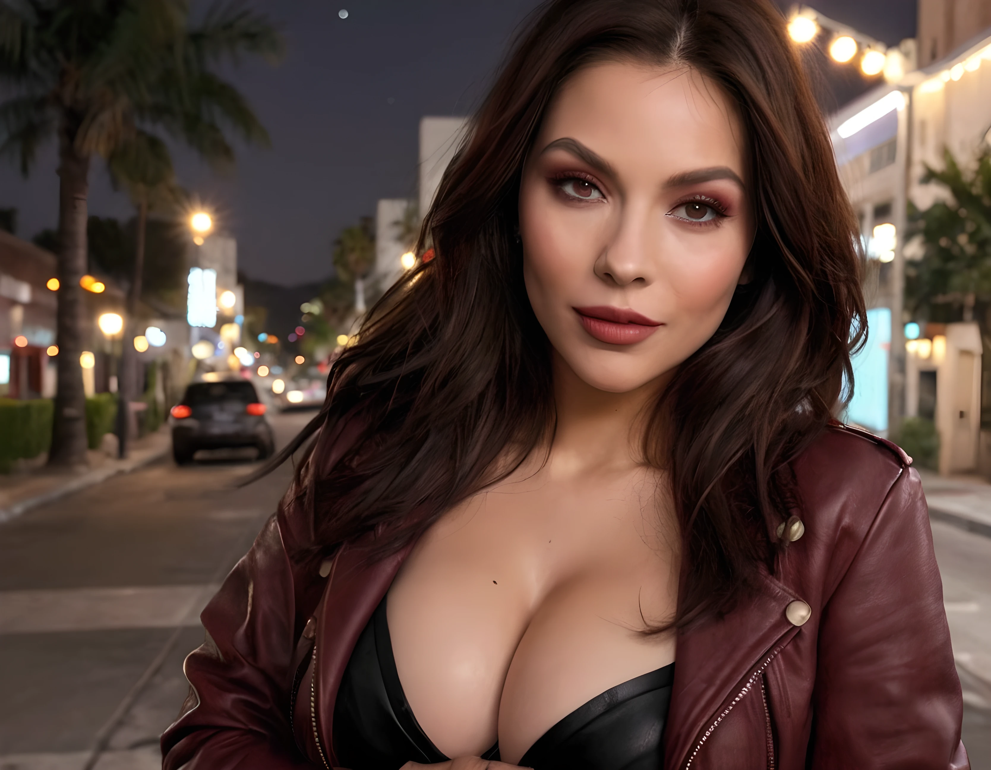 best qualityer, realisitic, Front POV, KristannaTX on a Los Angeles city street, (uma Supermodel alemão), (wine red leather jacket:1.1), seducing smile, (dark hair), (styled hair:1.0), perfects eyes, sharp details, face detailed, facial makeup, cheeks blush, eyeliner, eyeshadows, Lip gloss, Supermodel, (deep focus), (strong lighting), (night time), (realisitic lighting:1.0), with voluminous breasts with red bra.