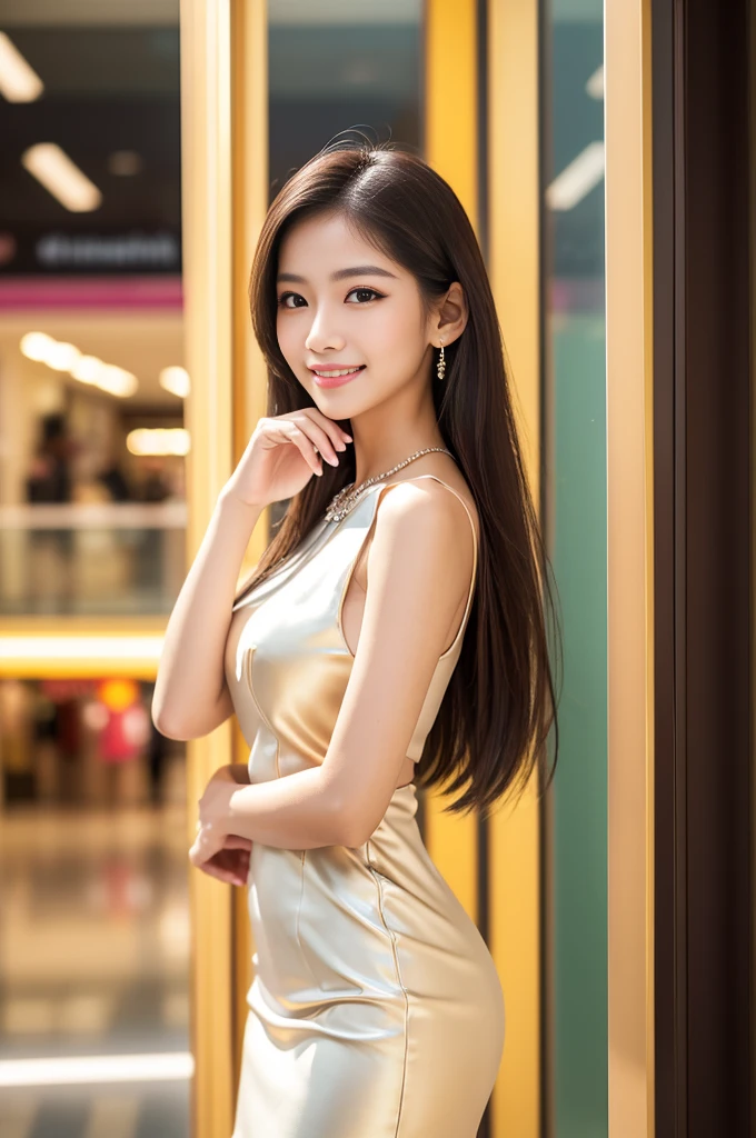 (best quality, 4k ,8k, highres, masterpiece:1.2), ultra-detailed, (realistic, photorealistic, photo-realistic:1.37), closeup, beautiful Thai woman, (slim girl), (happy smile), long lashes, beautiful makeup, platinum blonde hair, fair skin, slender figure, elegant posture, wearing large sparkling colorful jewelery, wearing a business style leather dress, standing in a large shopping mall, gentle sunlight shining through the shopping mall windows, casting a soft glow on her face, adding warmth to the scene, vibrant colors, capturing the essence of vibrant city life, portrait style, showcasing her natural beauty and grace in a feminine way