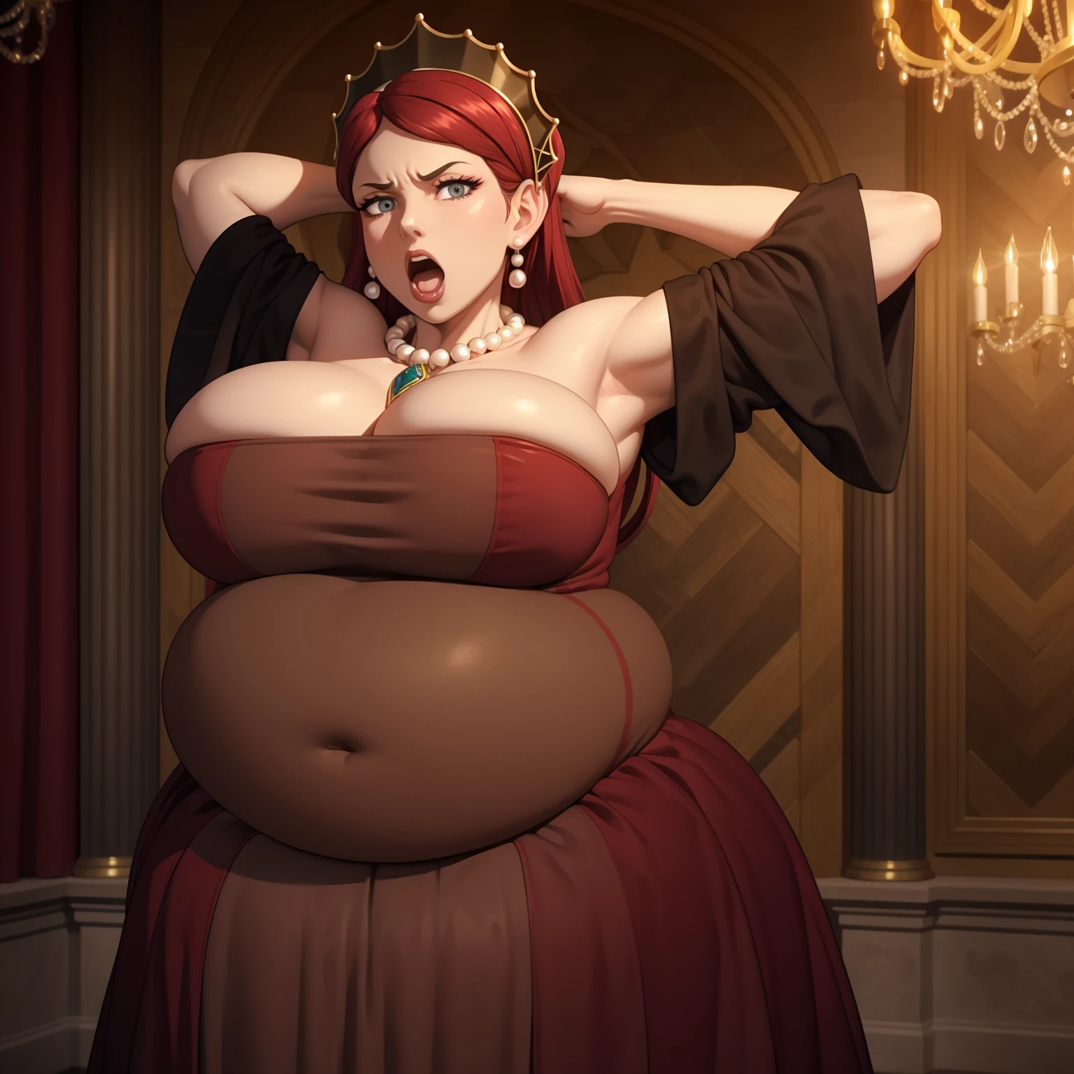 masterpiece, best quality, hildagreyrat, grey eyes, headdress, earrings, pearl necklace, pendant, large breasts, red dress, cleavage, long dress, wide sleeves, cowboy shot, looking at viewer, mansion, chandelier, hands up, ((big belly)), shocked, open mouth, (hands behind head:1.4), (solo:1.5)