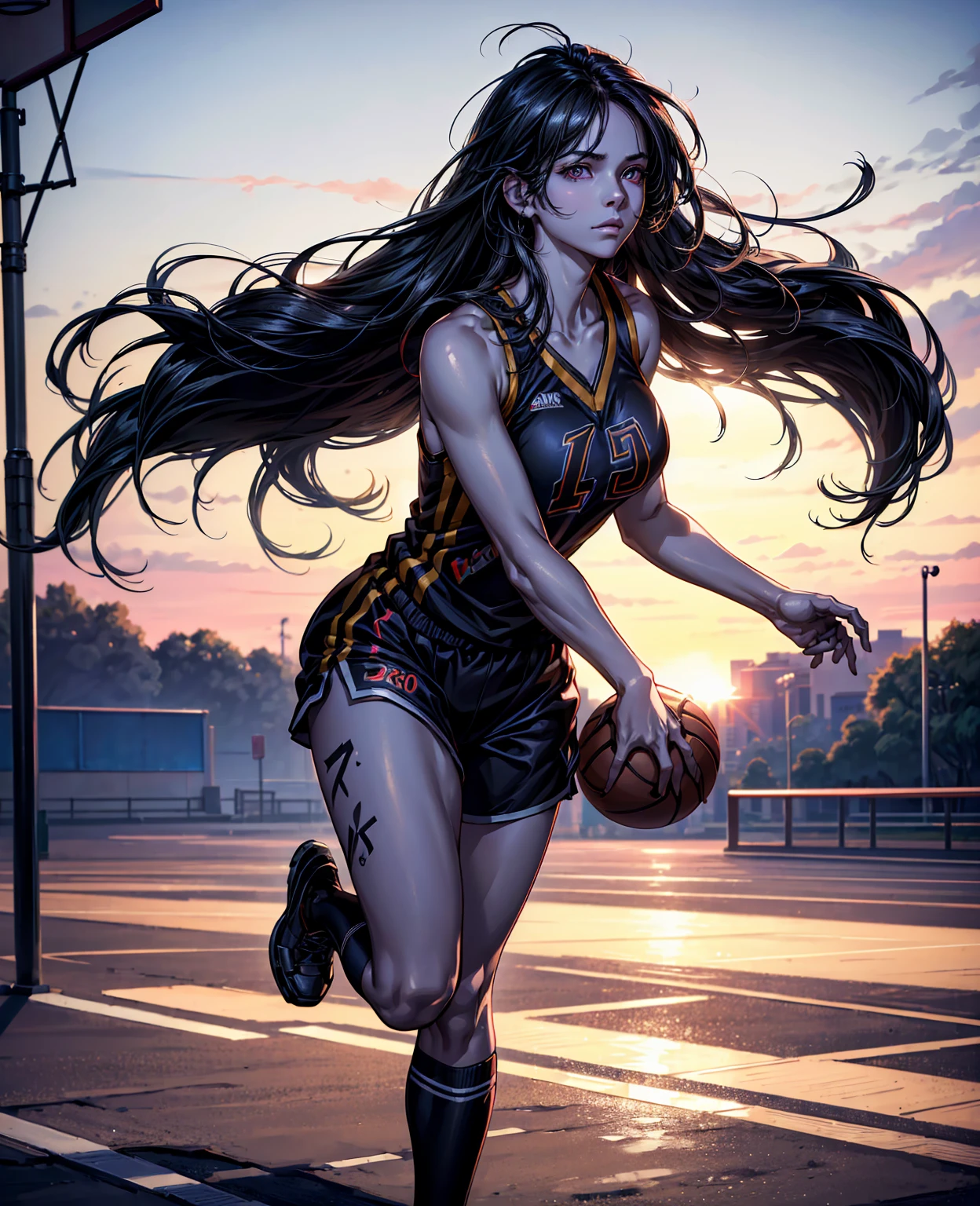 (8k, best quality, masterpiece:1.2), (realistic, photo-realistic:1.37), ultra-detailed,best quality, ultra high res, professional lighting, photon mapping, radiosity, physically-based rendering, cinematic lighting, basketball court,depth of field, sharp focus,sunbeam, good composition,(bokeh:1.2) 1girl,solo,(full body), (closed mouth),beautiful detailed eyes, pose, narrow waist,basketball uniform, black hair,messy hair,long hair floating in wind,(ulzzang-6500:1.2), mix4, hiqcgbody