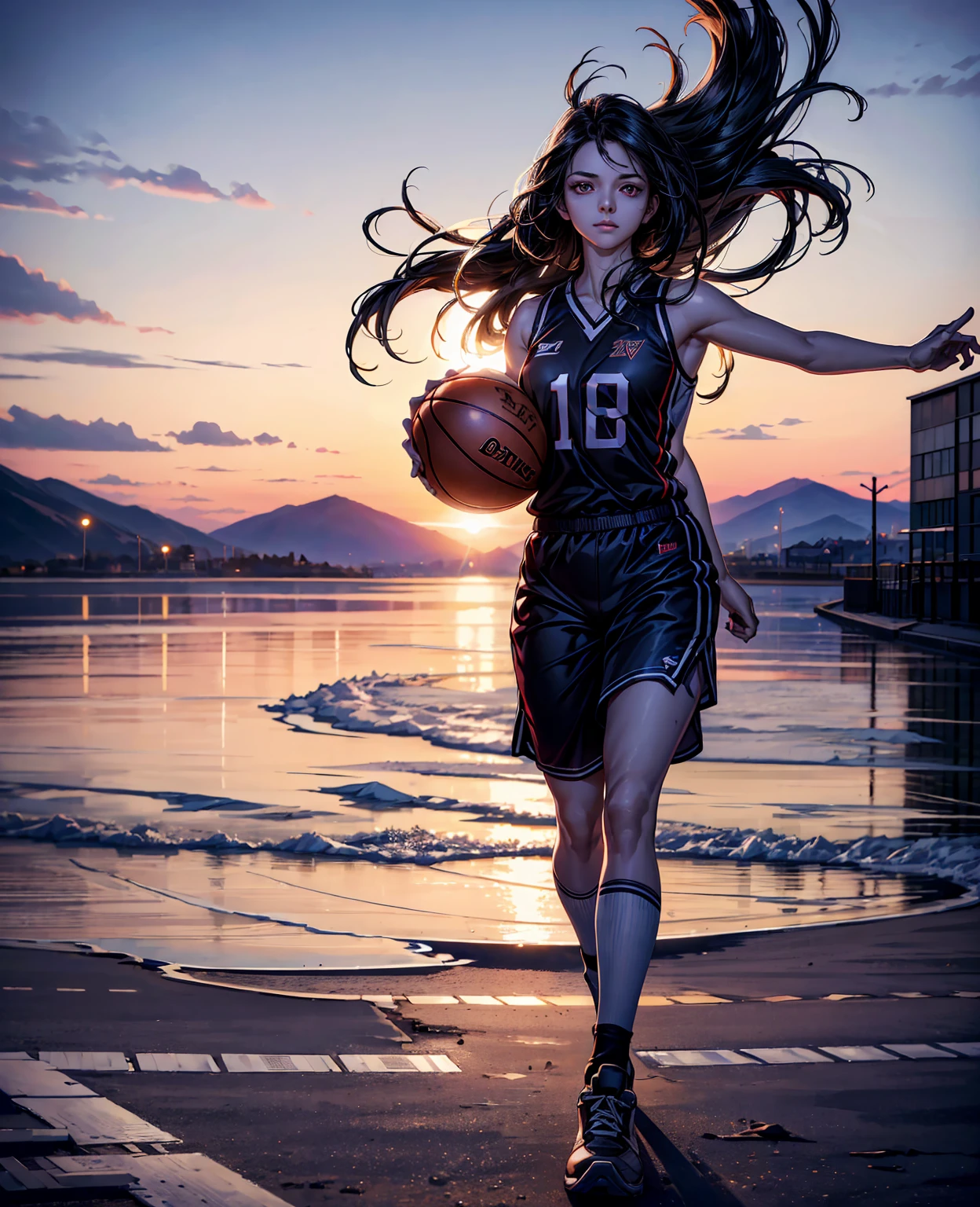 (8k, best quality, masterpiece:1.2), (realistic, photo-realistic:1.37), ultra-detailed,best quality, ultra high res, professional lighting, photon mapping, radiosity, physically-based rendering, cinematic lighting, basketball court,depth of field, sharp focus,sunbeam, good composition,(bokeh:1.2) 1girl,solo,(full body), (closed mouth),beautiful detailed eyes, pose, narrow waist,basketball uniform, black hair,messy hair,long hair floating in wind,(ulzzang-6500:1.2), mix4, hiqcgbody