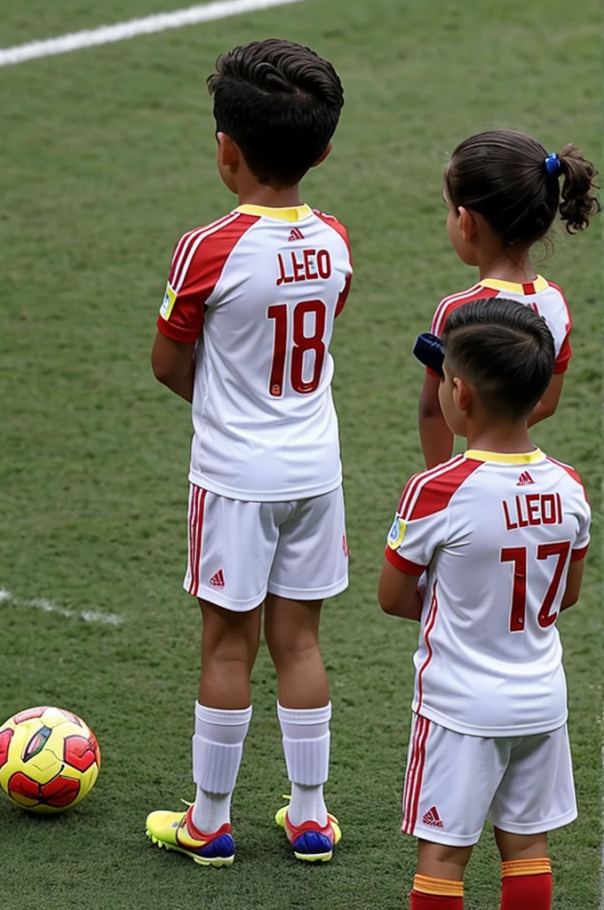 image of a Colombian national team player from behind with the name “Leo” with a small girl on the right side with the name “Amelia” and a big boy on the left side with the name “Jostyn”