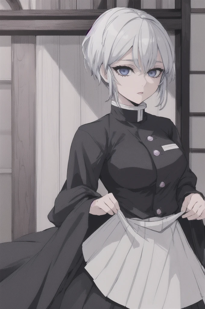 girl with short white hair, blue eyes, demon slayer uniform, black haori, highly detailed high contrast hd masterpiece of best quality in high resolution (without the mask of the mouth) ((more feminine))