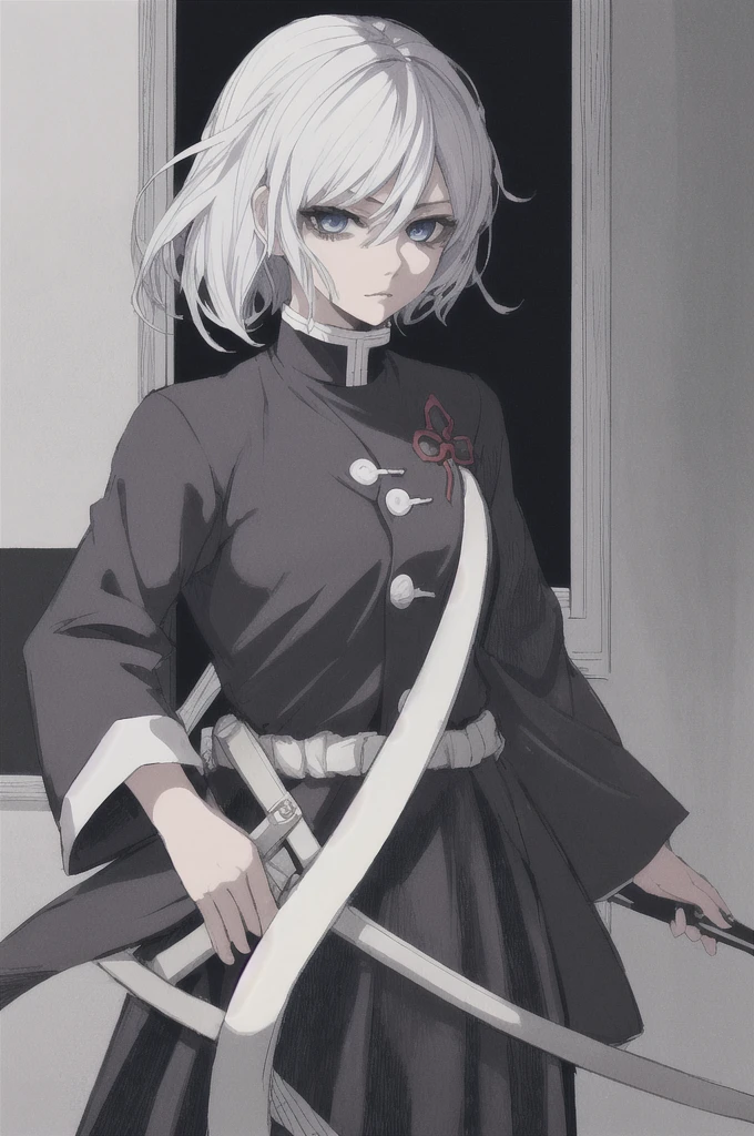 girl with short white hair, blue eyes, demon slayer uniform, black haori, highly detailed high contrast hd masterpiece of best quality in high resolution (without the mask of the mouth) ((more feminine))