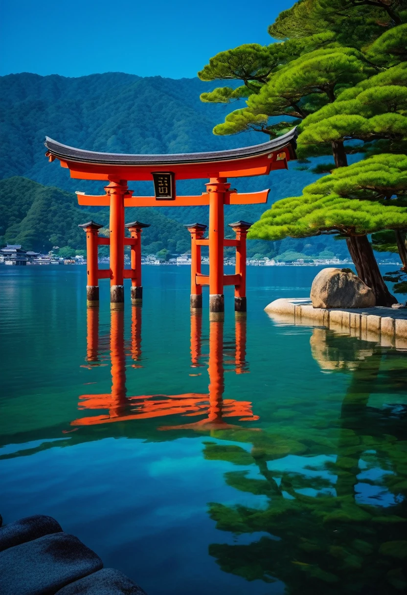 "A picturesque view of the Itsukushima Shrine's floating torii gate in Miyajima, Japan. The majestic red gate stands in the serene blue waters, with the reflection shimmering below. The background features lush green mountains and a clear blue sky, creating a peaceful and awe-inspiring scene."
