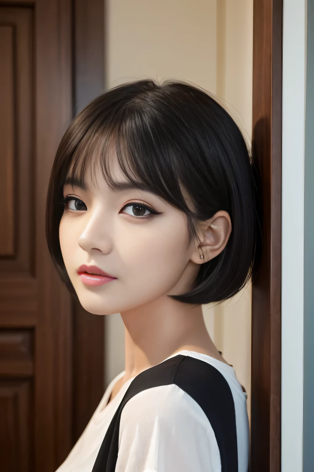 (masterpiece:1.4), (Highest quality:1.4), 4K, 8K, 超High resolution, 超High resolutionolution, Super detailed, ((Features of Detailed face)), High resolution, (Realistic, photoRealistic, photo-Realistic:1.37),、Close-up photo with focus on face、One Japanese woman、28-year-old newlywed housewife、Perfect Makeup、Dark eyeshadow、Dark eyeliner、False eyelashes、Watching the audience、Standing in front of the front door、One-length short bob cut、Black T-shirt detailed eyes、Accurately drawn eyes、Symmetrical eyes、Detailed face、