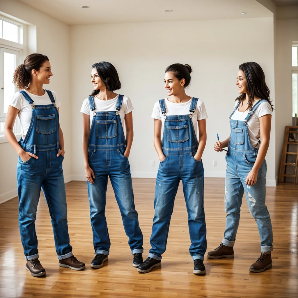 Three women painting an empty room while wearing only overalls.