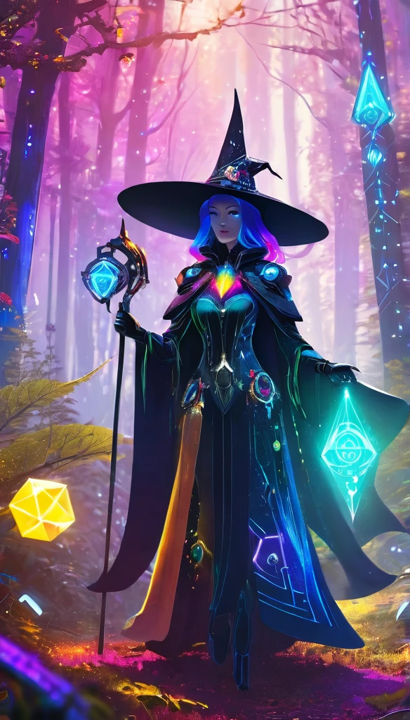 Futuristic robot witch in enchanted forest、witch hat、cybernetic enhancement、mechanical limbetal texture、cloak,Create a mysterious and enchanting atmosphere,Glittering symbols and runes、Sparkling magic gems、rainbow color palette,(best quality,4k,masterpiece:1.2)、Vivid and saturated colors、Soft ambient lighting