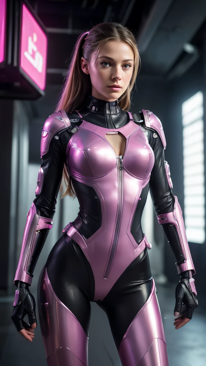 ((masterpiece, 8K, 3D, Realistic, Super Detail)), (1girl:1.3), slender , Ultra Micro photography, Super realistic, Perfect face, Beautiful features, ((Perfect female body)) Beautiful features, (petite body), ((small hips)), Melissa Benoist as Pink Cyberpunk Mech suit ((Exposed thigh)), Exposed Skin, Front Full body Shot, full body portrait, futuristic city background