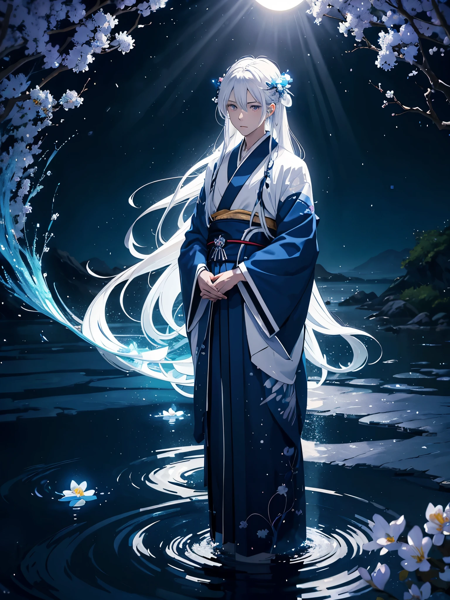 Noxh mehr anime. Mehr anime. Göttlich. Magisch. Blaues licht. Kimono. Geweih. Lichter. Magisch. King of the moon. Long hair. long white hair. aquatic, boy, silver hair accessories, White hair, blue flowers. Blue lights. Vollmond. Geweih. Kimono