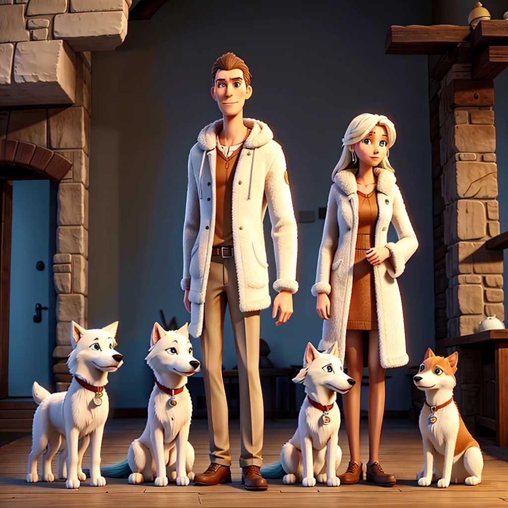 Tall Man, with woman , a large white wolfdog, and a small brown dog
