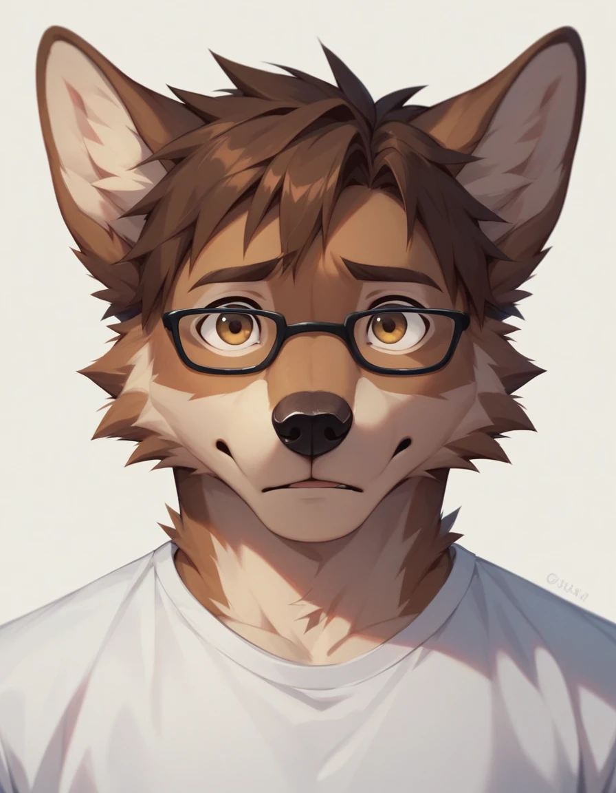 score_9,score_8_up,score_7_up, 2d art, an Anthro furry male wolf, adult male,  brown eyes, brown hair, black glasses, wearing white t shirt, he looks nervous, upper body shot, front view, looking at viewer 