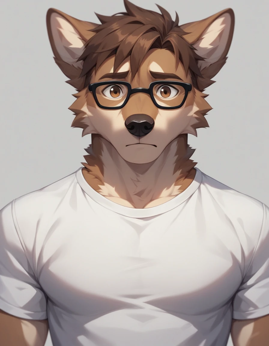 score_9,score_8_up,score_7_up, 2d art, an Anthro furry male wolf, adult male, brown eyes, brown hair, black glasses, wearing white t shirt, he looks nervous, upper body shot, front view, looking at viewer