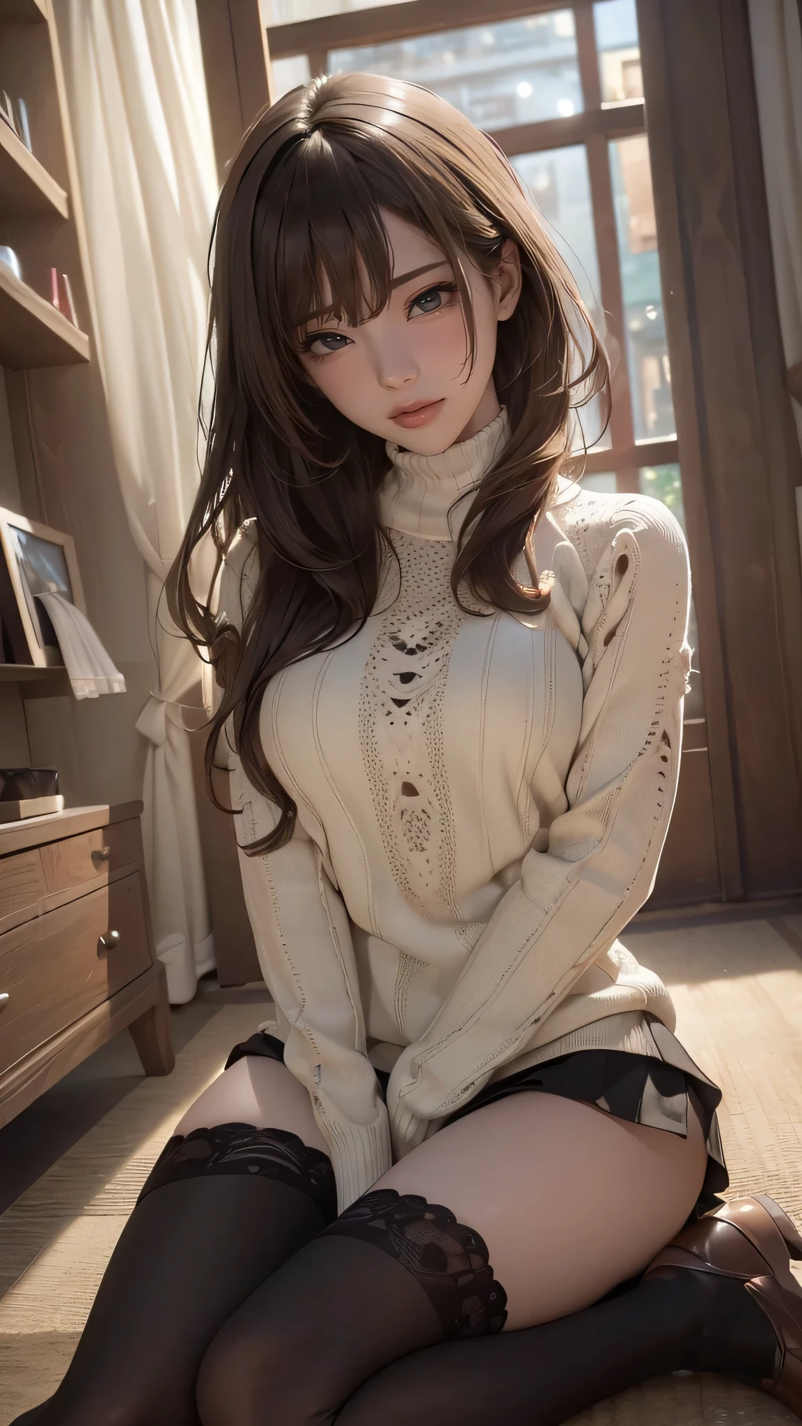 (random porn pose),(Highest image quality,(8k),ultra-realistic,best quality, high quality, high definition, high quality texture,high detail,beautiful detailed,fine detailed,extremely detailed cg,detailed texture,a realistic representation of the face,masterpiece,Sense of presence),sweater,tight mini skirt,stockings,Engineer boot