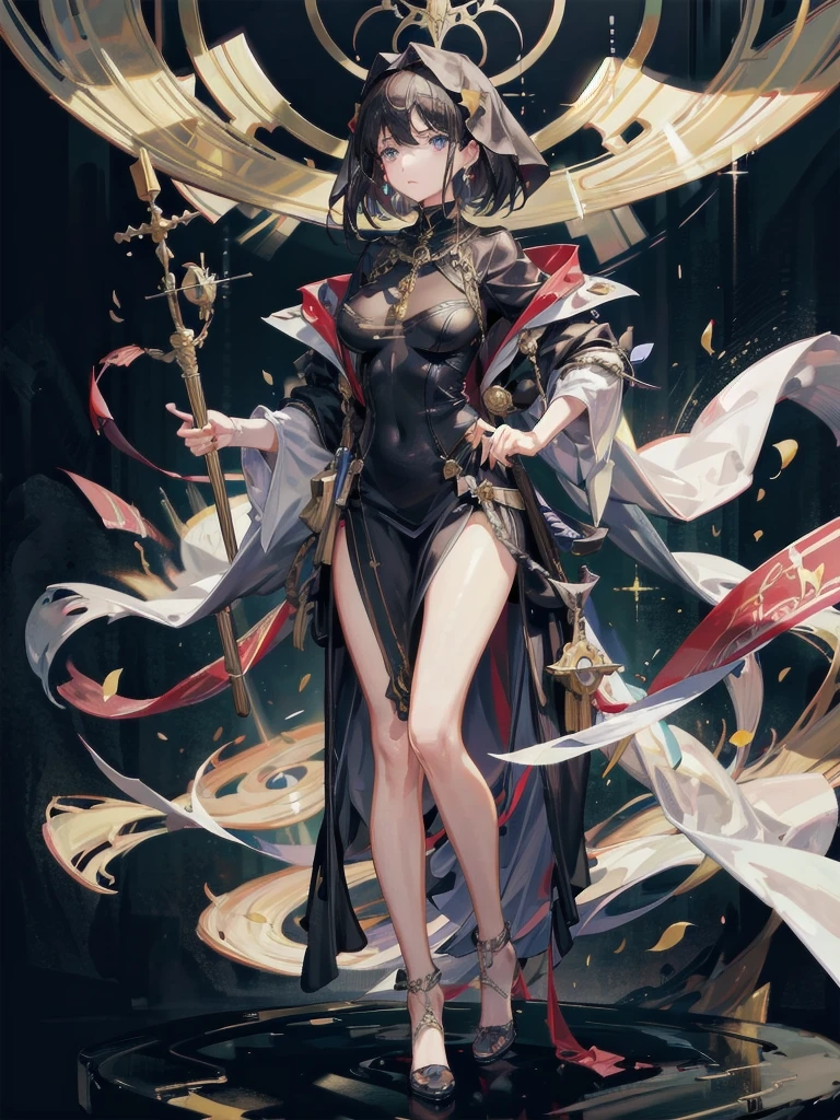 (masterpiece, best quality:1.2), perfect eyes, perfect face, ultra detailed face , strong make up, highres, 1 girl, solo, make up, (female:1.5),satin, white anciente greek clothes, sleeveless turtleneck, bracer, evil smile, standing, portrait, looking at viewer, giant sword on the back, long leather boots, fullbody shot