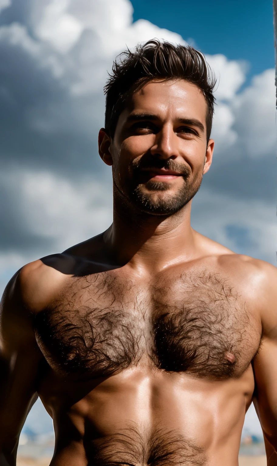 masterpiece, best quality, high resolution, closeup portrait, male focus, solo focus, A man, 35 years old, grey hair, bleached blonde hair, in speedo, grey silver hair, messy hairstyle, cute and seductive face, old but attractive, bare chest, body hair, hairy armpits, facial hair, pale skin, sun freckles, roman nose, very skinny body, hairy legs, cute, white chest hair, very hairy chest, dimples, scruffy beard, very hairy armpits, bold jawline , sweaty, in the background a beach on a cloudy day, view from below, amazing composition, front view, HDR, ultra quality, elegant, highly detailed