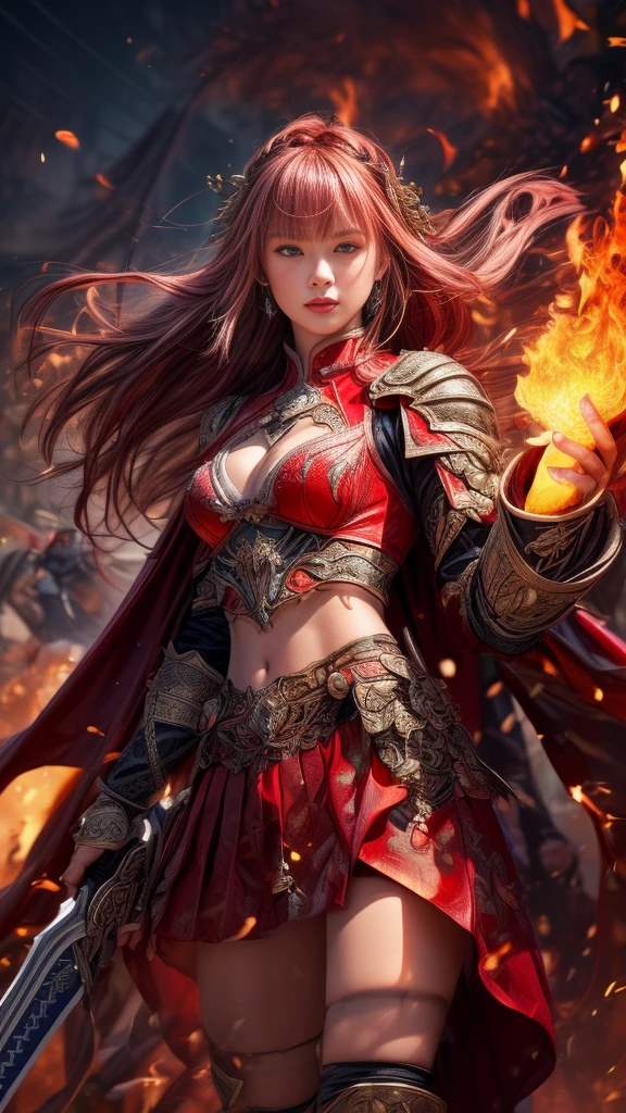 Very beautiful woman、Slender women、(Detailed face)、Realistic Skin、((Knight of Fire)), (((Red Armor:1.25)))、((((A black armor with extremely detailed and intricate decoration.))))、((Delicate photo))，(Girl Astepeace RAW Photo Details:1.25), (Highest quality:1.6), (Ultra-high resolution:1.5), (Realistic:1.75), 8K resolution, Canon EOS R5, 50mm, Absurd, Super detailed,Cinema Lighting,Battlefields of Medieval Europe、((Fight))、RPG World、Final Fantasy、(((Decorative skirt)))、Thigh-high socks、Shingard、night、Pink Hair、((Bangs are too long))、((Long, thick pink braids))、Get a six pack、Torn Cloak、Beautiful Armor、(((Giant Sword)))、In combat、The wind is blowing、(((Flames covering the area)))、(((Leading a large group of red knights)))、(((Knight Commander)))、Armor with a phoenix motif、((flames of fire))、(((Battle Scenes)))、((Browsing Caution:1.2))、(((pocket)))