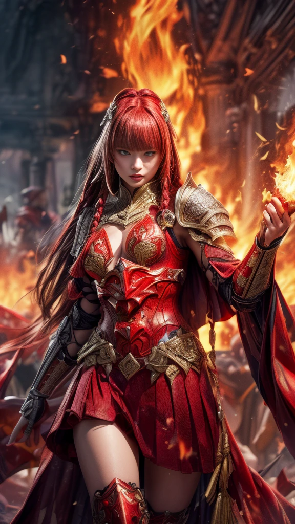 Very beautiful woman、Slender women、(Detailed face)、Realistic Skin、((Knight of Fire)), (((Red Armor:1.25)))、((((A black armor with extremely detailed and intricate decoration.))))、((Delicate photo)),(Girl Astepeace RAW Photo Details:1.25), (Highest quality:1.6), (Ultra-high resolution:1.5), (Realistic:1.75), 8K resolution, Canon EOS R5, 50mm, Absurd, Super detailed,Cinema Lighting,Battlefields of Medieval Europe、((Fight))、RPG World、Final Fantasy、(((Decorative skirt)))、Thigh-high socks、Shingard、night、Pink Hair、((Bangs are too long))、((Long, thick pink braids))、Get a six pack、Torn Cloak、Beautiful Armor、(((Giant Sword)))、In combat、The wind is blowing、(((Flames covering the area)))、(((Leading a large group of red knights)))、(((Knight Commander)))、Armor with a phoenix motif、((flames of fire))、(((Battle Scenes)))、((Browsing Caution:1.2))、(((I can see her panties:1.4)))、、((Skirt lift in the wind))