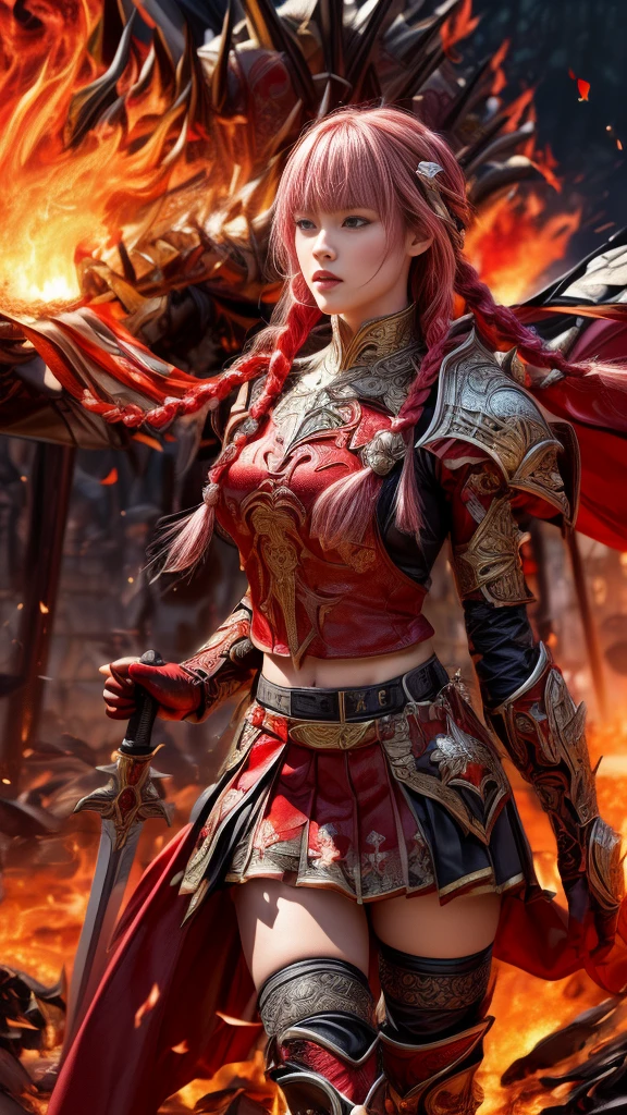 Very beautiful woman、Slender women、(Detailed face)、Realistic Skin、((Knight of Fire)), (((Red Armor:1.25)))、((((A black armor with extremely detailed and intricate decoration.))))、((Delicate photo))，(Girl Astepeace RAW Photo Details:1.25), (Highest quality:1.6), (Ultra-high resolution:1.5), (Realistic:1.75), 8K resolution, Canon EOS R5, 50mm, Absurd, Super detailed,Cinema Lighting,Battlefields of Medieval Europe、((Fight))、RPG World、Final Fantasy、(((Decorative skirt)))、Thigh-high socks、Shingard、night、Pink Hair、((Bangs are too long))、((Long, thick pink braids))、Get a six pack、Torn Cloak、Beautiful Armor、(((Giant Sword)))、In combat、The wind is blowing、(((Flames covering the area)))、(((Leading a large group of red knights)))、(((Knight Commander)))、Armor with a phoenix motif、((flames of fire))、(((Battle Scenes)))、((Browsing Caution:1.2))、(((I can see her panties:1.4)))、、((Skirt lift in the wind))