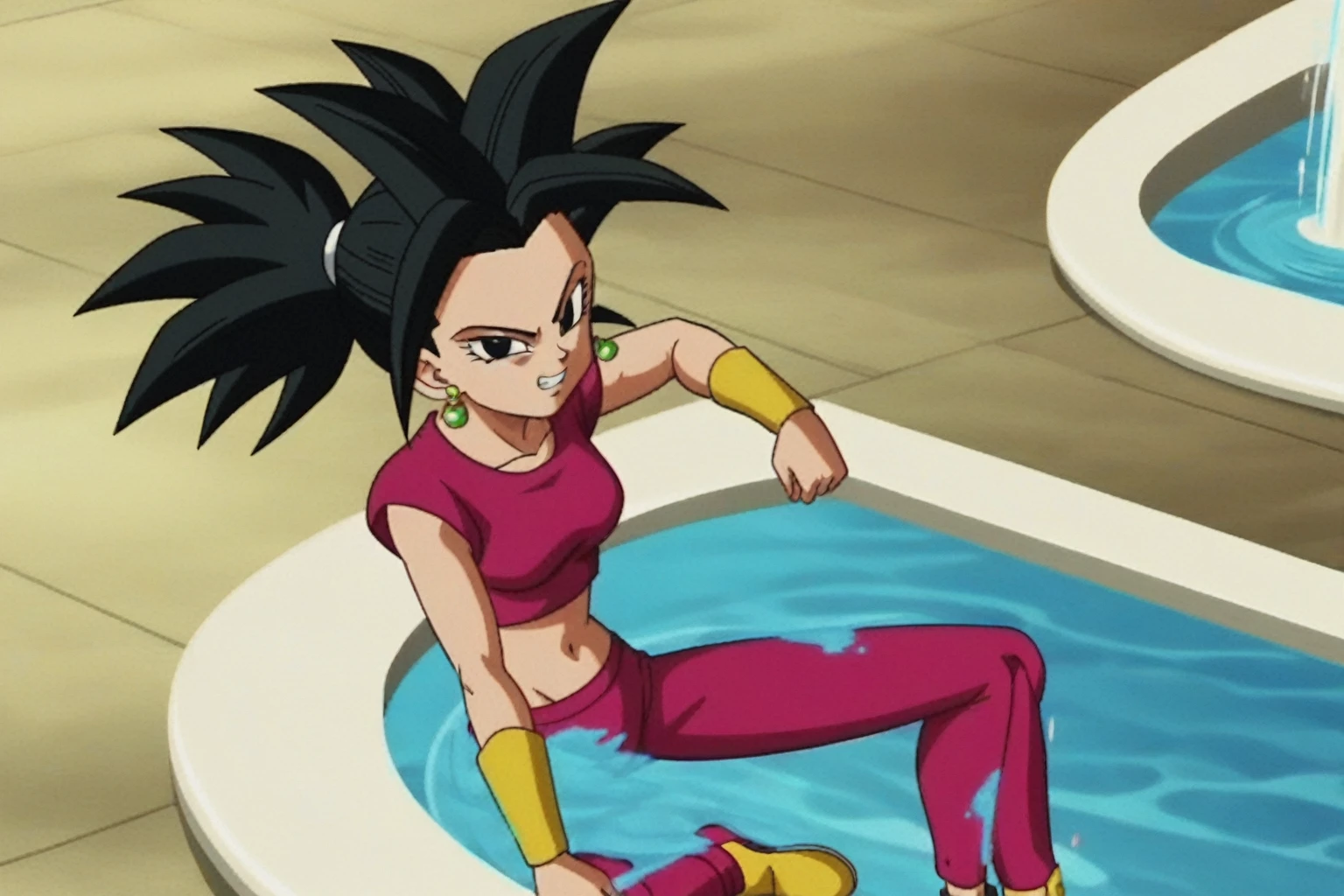 fountain_cheered up, score_9, score_8_above, score_7_above, cheered up screencap,
kefladb, 1 girl, Alone, medium breasts, looking at the viewer, red crop top, black fur, belly button, potara earrings, aboveper body, short sleeves, red tight pants, teeth, diaphragm, black eyes, crop top, spiky hair, clenched teeth, short sleeves, brace, close-above, clavicle, Eyebrows, eyelashes, no paboveils, v-shaped Eyebrows, medium breasts, medium rear, sexy body, sexy butt, whole body