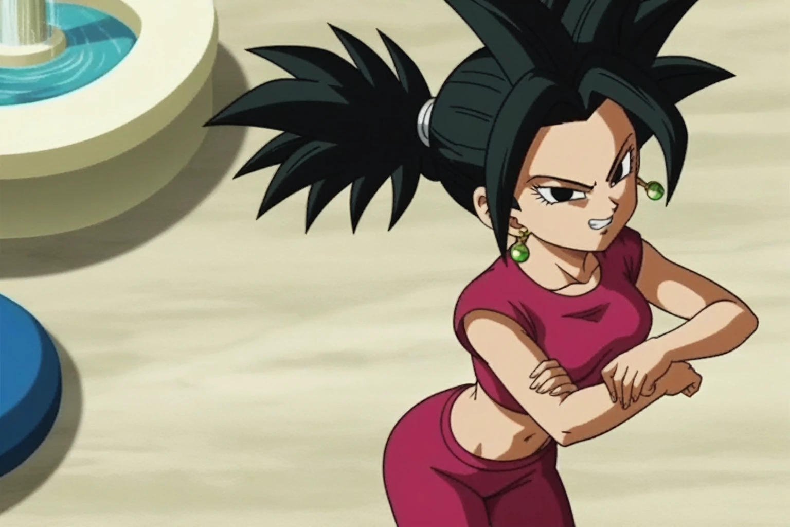 fountain_cheered up, score_9, score_8_above, score_7_above, cheered up screencap,
kefladb, 1 girl, Alone, old, looking at the viewer, black fur, belly button, potara earrings, red tight pants, diaphragm, black eyes, spiky hair, brace, close-above, clavicle, Eyebrows, eyelashes, incoming_punch, no paboveils, v-shaped Eyebrows, yellow armor, naked, sexy butt, medium breasts, medium rear, standing, whole body