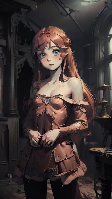 best quality,masterpiece,1girl,solo,(((ars old)japanese girl,an extremely cute and beautiful girl,highly detailed beautiful face and eyes,petit,cute face,lovely face,baby fahy smile,show teeth, Red hair,long hair,flat chest,skinny,slender,no bra,no Panties, Hairless vagina,(((wearing a sexy revealing Ariel costume))),(((standing in reelunsettling dark indoors room))),she is looking at the viewer,gothichorrorai