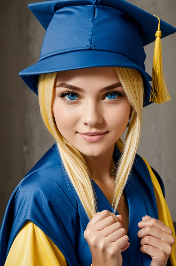 A girl graduate with her blue cap and gown, yellow hair, blue eyes