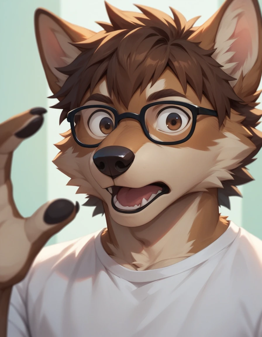 score_9,score_8_up,score_7_up, 2d art, an Anthro furry male wolf, adult male, brown eyes, brown shaggy hair, black glasses, wearing white t shirt, he looks surprised, upper body shot, front view, looking at viewer