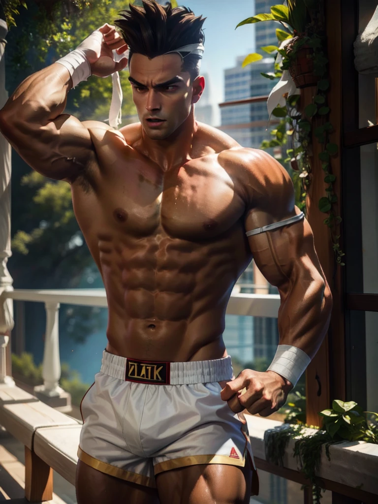 25-year-old man, alone, athletic, muscular, tall hair, white band on his forehead, no shirt, wears white bandages that cover almost the entire forearm, wears red shorts, looks seriously at the viewer, muay thai position, cinematic, focus ultra sharp, award winning photography, perfect contrast, high sharpness, depth of field, ultra detailed photography, global illumination, fluid, ultra high definition, 8k, Unreal Engine 5, ultra sharp focus, award winning photography, art season trends,