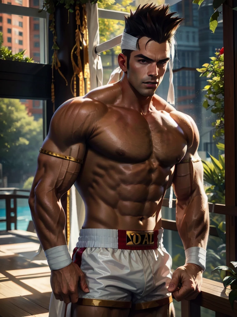 25-year-old man, alone, athletic, muscular, tall hair, white band on his forehead, no shirt, wears white bandages that cover almost the entire forearm, wears red shorts, looks seriously at the viewer, muay thai position, cinematic, focus ultra sharp, award winning photography, perfect contrast, high sharpness, depth of field, ultra detailed photography, global illumination, fluid, ultra high definition, 8k, Unreal Engine 5, ultra sharp focus, award winning photography, art season trends,
