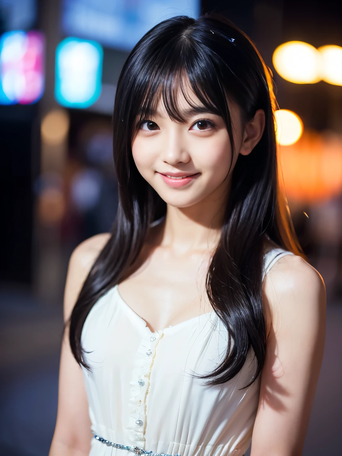 (Best-quality, Masterpiece, Ultra-High-Resolution, (Photorealistic:1.4), Raw Photo, depth of field, professional lighting, perfect anatomy, extremely details), 1girl, 15-years-old, the most famous Japanese idol, ((extremely cute face like the most popular Japanese idol, ((extremely cute and extremely big black-eyes)), extremely beautiful black-hair), (((extremely realistic and extremely beautiful skins))), extremely cute long-eyelashes, extremely cute lips), extremely childish body, ((innocent smile, dynamic pose)), (wearing white long summer-dress with cute-design), (((walking down at dark night street, detailed white-long-summer-dress-with-cute-design, (detailed dark-night-street))))