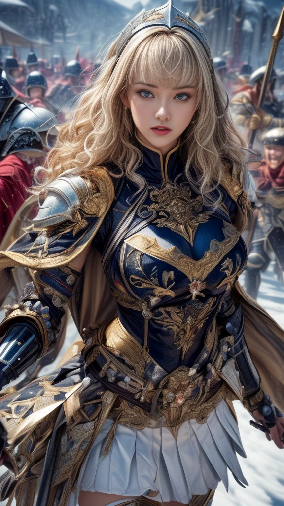 Very beautiful woman、Slender women、(Detailed face)、Realistic Skin、((Holy Knight)), ((Pearl White Armor))、((((A black armor with extremely detailed and intricate decoration.:1.1))))、((Delicate photo)),(Girl Astepeace RAW Photo Details:1.25), (Highest quality:1.6), (Ultra-high resolution:1.5), (Realistic:1.75), 8K resolution, Canon EOS R5, 50mm, Absurd, Super detailed,Cinema Lighting,((Fightfield))、((Fight))、(((White skirt with embellishments)))、Thigh-high socks、Shingard、((blonde))、((Curly Hair))、((Drill Hair))、((Short hair with bangs and wavy hair,))、Get a six pack、Cape、Beautiful Armor、(((Has a huge weapon)))、(In combat)、The wind is blowing、((Symmetrical armor))、((((Blizzard))))、(((Lead a large group of knights:1.2)))、Banner、(((Battle Scenes)))、((Browsing Caution:1.2))、