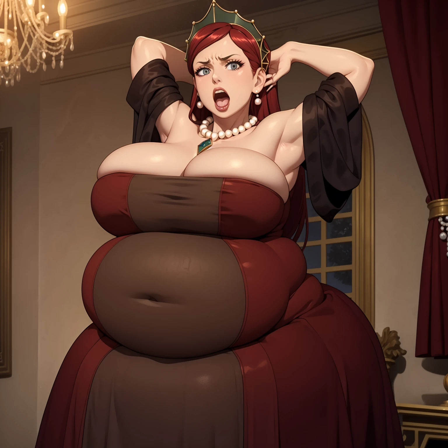 masterpiece, best quality, hildagreyrat, grey eyes, headdress, earrings, pearl necklace, pendant, large breasts, red dress, cleavage, long dress, wide sleeves, cowboy shot, looking at viewer, mansion, chandelier, hands up, ((big belly)), shocked, open mouth, (hands behind head:1.4), (solo:1.5)