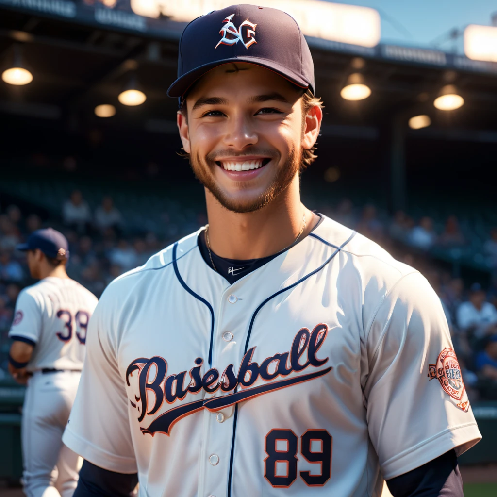 baseball player,detailed gorgeous smile,cap,jersey,perfect ,innocent,cinematic lighting,(masterpiece,8k,Professional,perfect composition,very aesthetic,absurdres,ultra-detailed,intricate details:1.2),perfect proportion