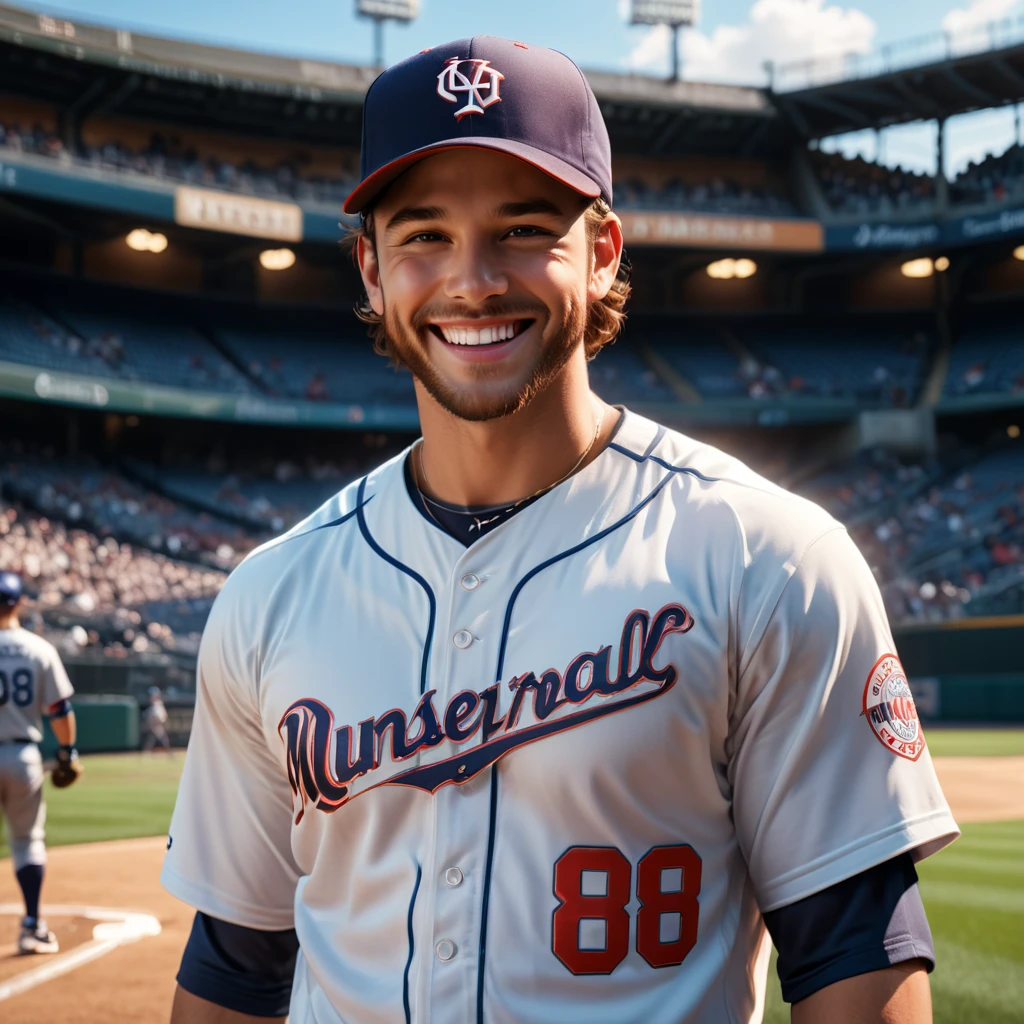 baseball player,detailed gorgeous smile,cap,jersey,perfect ,innocent,cinematic lighting,(masterpiece,8k,Professional,perfect composition,very aesthetic,absurdres,ultra-detailed,intricate details:1.2),perfect proportion