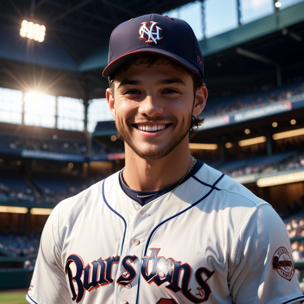 baseball player,detailed gorgeous smile,cap,jersey,perfect ,innocent,cinematic lighting,(masterpiece,8k,Professional,perfect composition,very aesthetic,absurdres,ultra-detailed,intricate details:1.2),perfect proportion