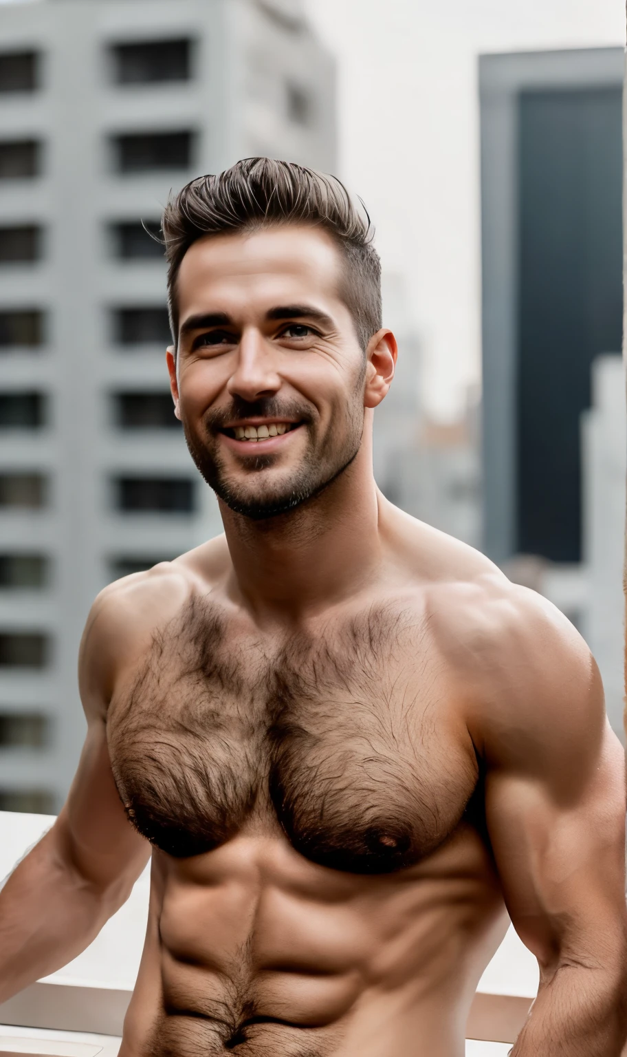 masterpiece, best quality, high resolution, closeup portrait, male focus, solo focus, A man, 35 years old, grey hair, bleached blonde hair, in speedo, grey silver hair, messy hairstyle, cute and seductive face, old but attractive, bare chest, body hair, hairy armpits, facial hair, pale skin, sun freckles, roman nose, very skinny body, hairy legs, cute, white chest hair, very hairy chest, dimples, scruffy beard, very hairy armpits, bold jawline , sweaty, in the background a city balcony, view from below, amazing composition, front view, HDR, ultra quality, elegant, highly detailed