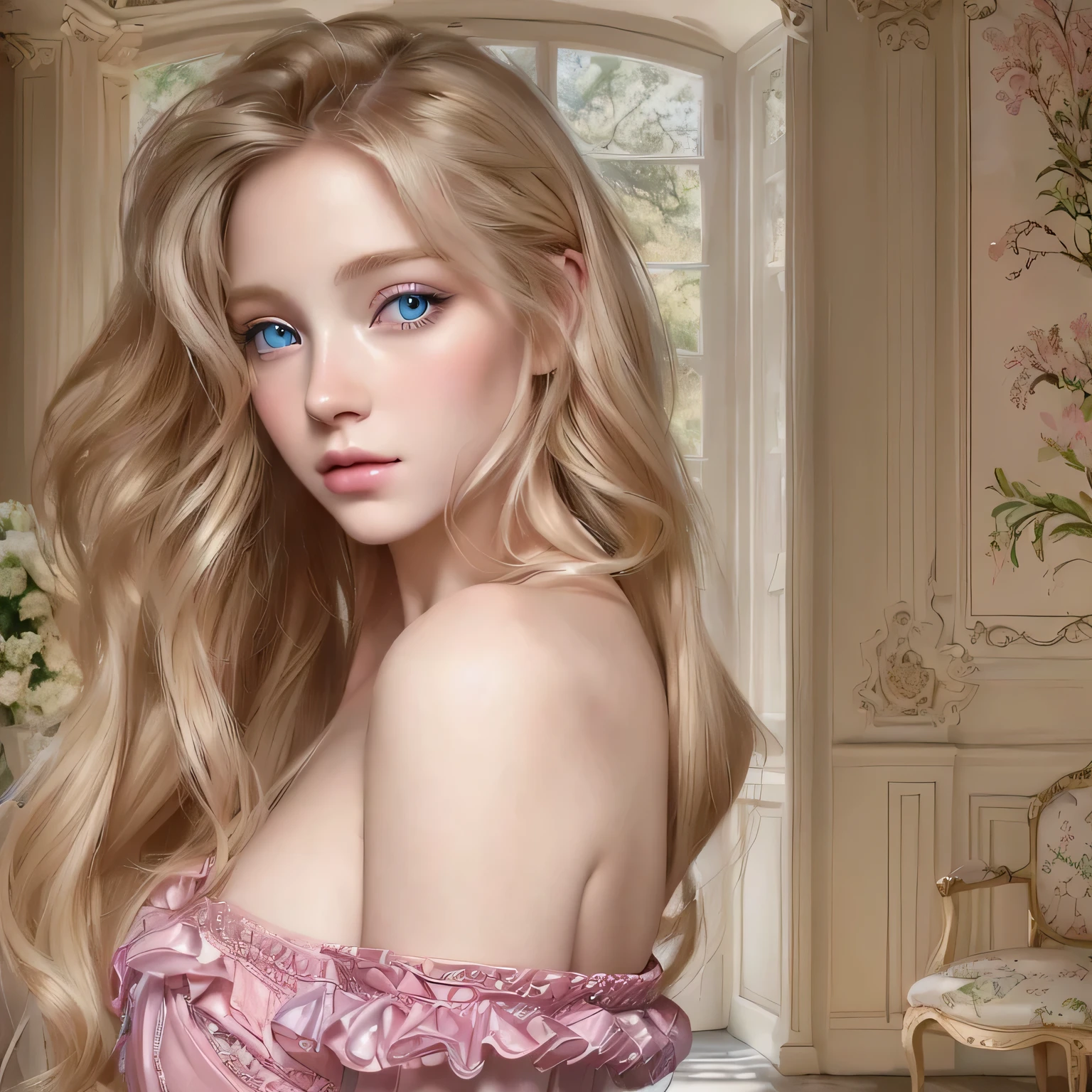 Blond-haired woman with blue eyes and a pink dress in a room., in the Art Style of bowater, realism artistic style, in digital painting style, photorealistic artstyle, realistic art style, inspired by Gastón Bussiere, digital art of an elegant, digital art. realistic photo, photorealistic!!!!!!! Art Style, realistic photo style, Hyperrealistic background