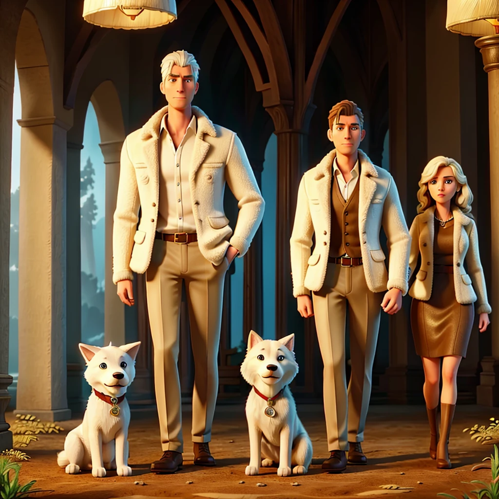 a tall man, a woman, a large white wolf dog, and a small brown puppy, detailed portrait, elegant fashion, highly realistic, photorealistic, 8k, ultra-detailed, best quality, masterpiece, cinematic lighting, dramatic shadows, vibrant colors, golden hour, beautiful scenery, lush forest, romantic atmosphere