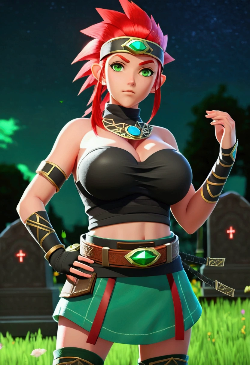 ((full body:2)) {zelda botw outfit}, only {zelda botw outfit} is this ((wearing Ninja attire, with round shiny jewel on chest, with a belt, helmet on head):1.5) ((extremely tight on the body, with a round jewel on her breastplate):1.5), only {zelda botw outfit} ((has extremely large breasts):1.8), only {zelda botw outfit} ((is looking at viewer/look and face of hate, doing heroic poses with arms above the waist)), only {zelda botw outfit} has ((green colored eyes, very short mohawk red hair):1.5), only {zelda botw outfit} is standing, ((Inside a cemetery, this night, it's full of ghosts near the tombstones)), anime, anime style, cinematic lighting, 16k, highres, best quality, (high details:1.4), UHD, ((masterpiece))