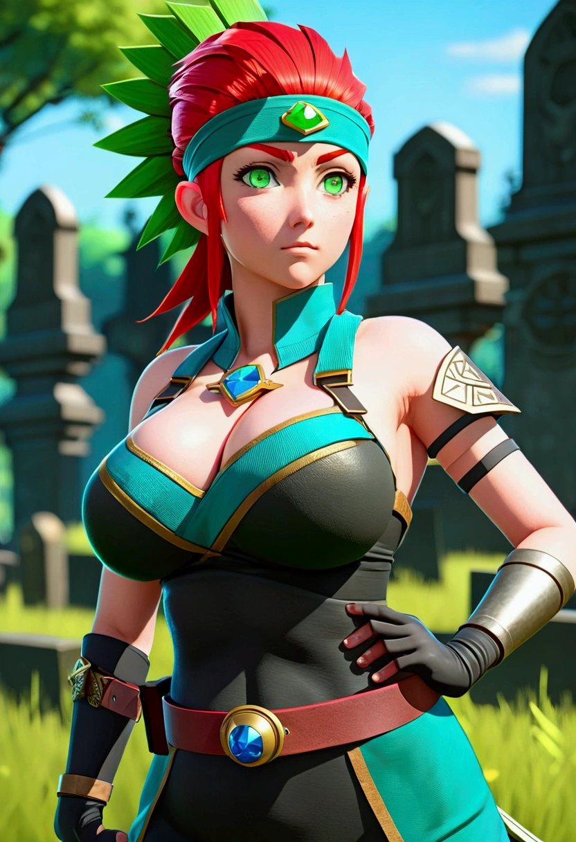 ((full body:2)) {zelda botw outfit}, only {zelda botw outfit} is this ((wearing Ninja attire, with round shiny jewel on chest, with a belt, helmet on head):1.5) ((extremely tight on the body, with a round jewel on her breastplate):1.5), only {zelda botw outfit} ((has extremely large breasts):1.8), only {zelda botw outfit} ((is looking at viewer/look and face of hate, doing heroic poses with arms above the waist)), only {zelda botw outfit} has ((green colored eyes, very short mohawk red hair):1.5), only {zelda botw outfit} is standing, ((Inside a cemetery, this night, it's full of ghosts near the tombstones)), anime, anime style, cinematic lighting, 16k, highres, best quality, (high details:1.4), UHD, ((masterpiece))