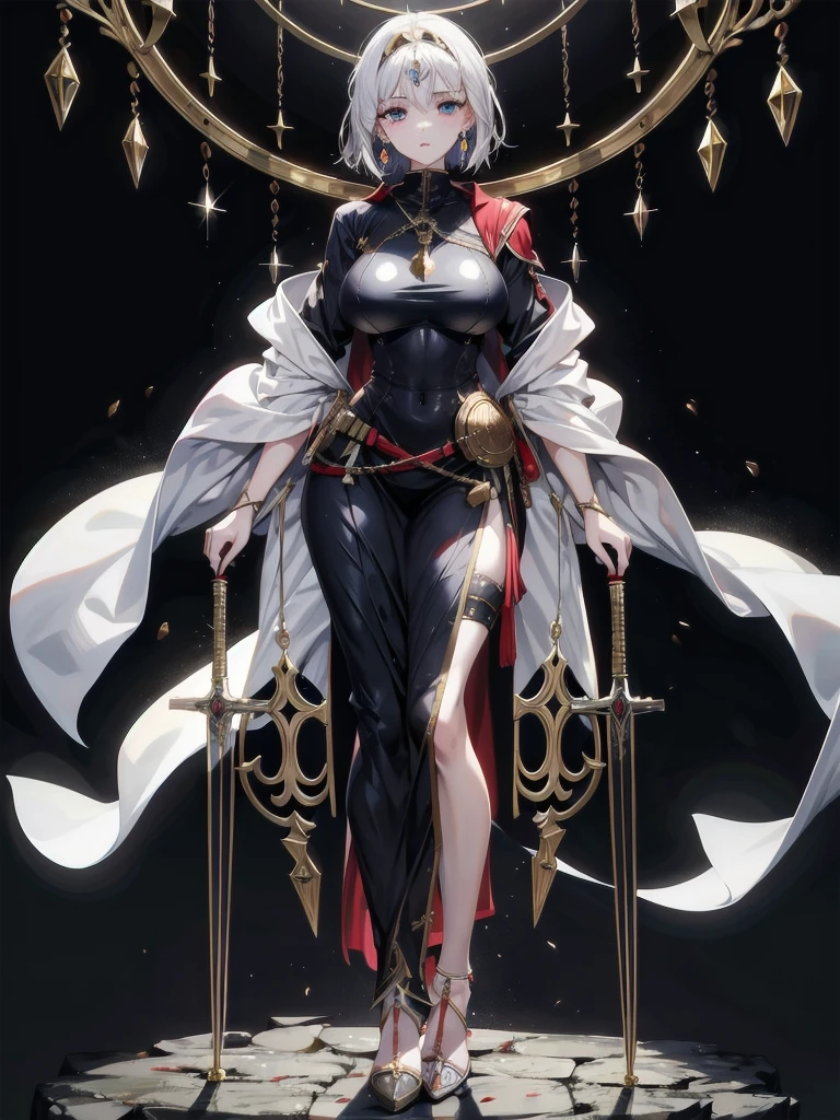Iron bikini, iron crown, bare belly, big breasts, white hair, red eyes, justice, Blindfold