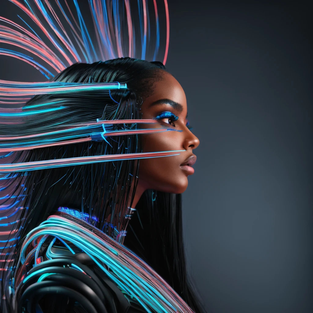 (((close up photo))) (((side face photo))) raw photo taken from Fujifilm, a black woman of stunning beauty, long black hair with neon lights, half head brain with wires, metal head, head intricately designed androids full of wires and circuits, immersed in her own digital world.
