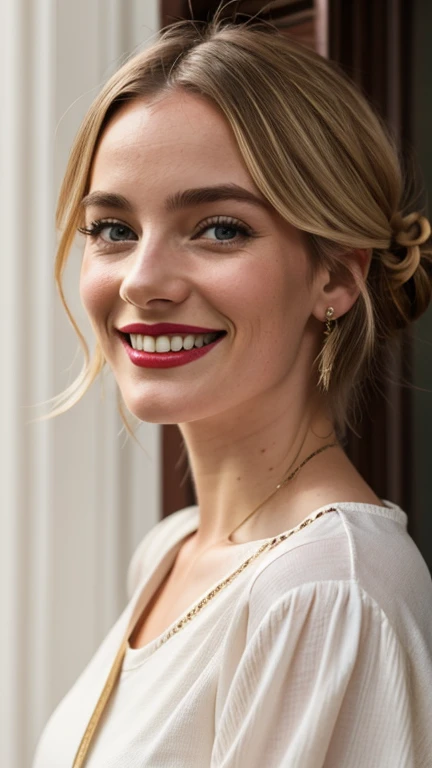 Daisy Edgar-Jones wearing casual clothes with lipstick and smiling