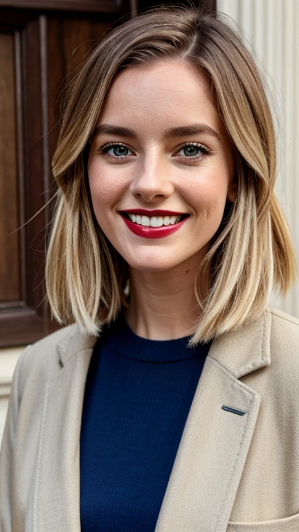 Daisy Edgar-Jones wearing casual clothes with lipstick and smiling