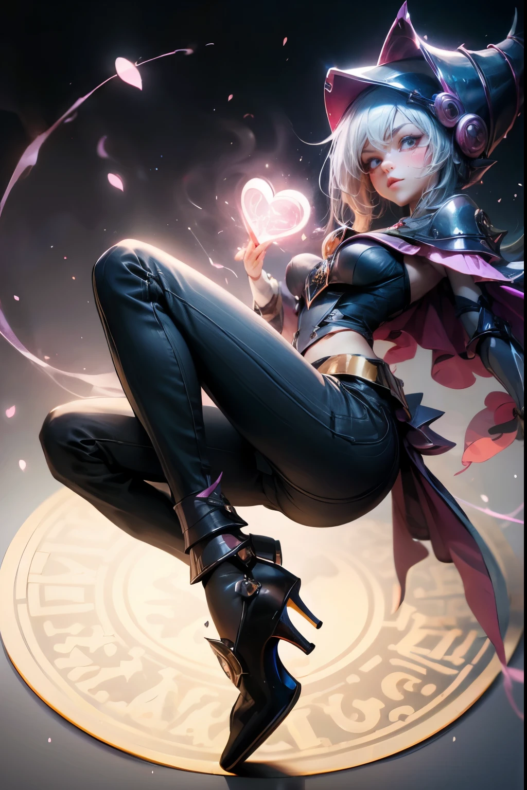 dark magician gils, with high-heels. pants, sexy, Subjective and sensual pose. magic background. Magical heart in the air. magic circle