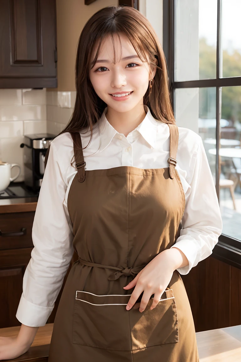 (Highest quality、Tabletop、8K、Best image quality、Award-winning works)、Woman working in a café、The perfect brown apron、Stylish shirt and apron、Big Breasts、(Accentuate your body lines:1.1)、Beautiful woman portrait、The most elegant and cozy cafe、The most natural cafe, Perfectly organized、The most atmospheric and warm lighting、Stylish and elegant cafe、Strongly blurred background、Look at me and smile、Accurate anatomy、Ultra high resolution perfect beautiful teeth、Ultra-high definition beauty face、Ultra HD Hair、Ultra HD The Shining Eyes、The Shining, Super high quality beautiful skin、Super high quality glossy lip